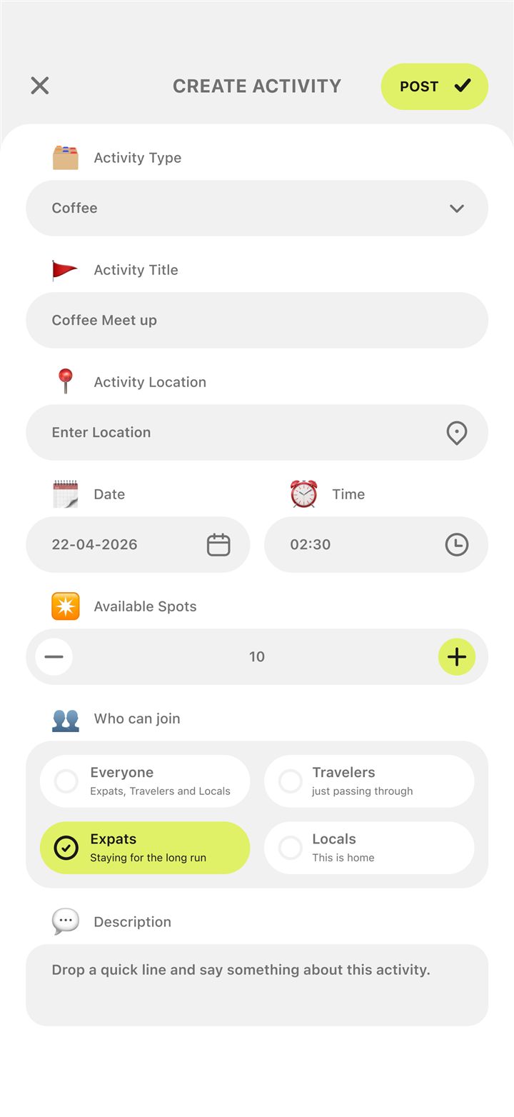Thailio create activity screen